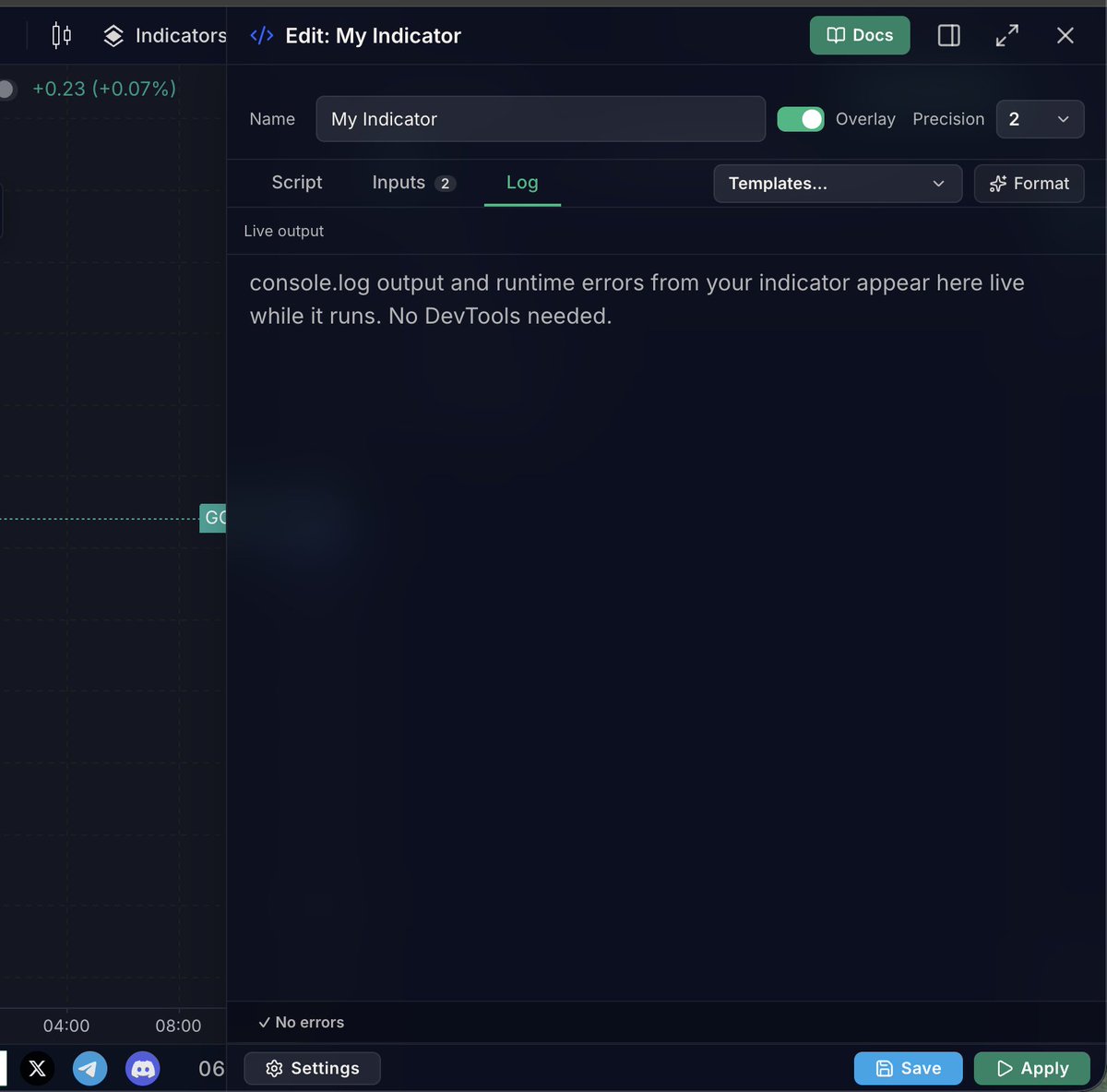 nguyenduy7474's tweet photo. You can now view logs directly in the indicator code panel, making development and debugging much more convenient.

Give it a try and let us know what you think, everyone! https://t.co/nxRYlbtZxi
