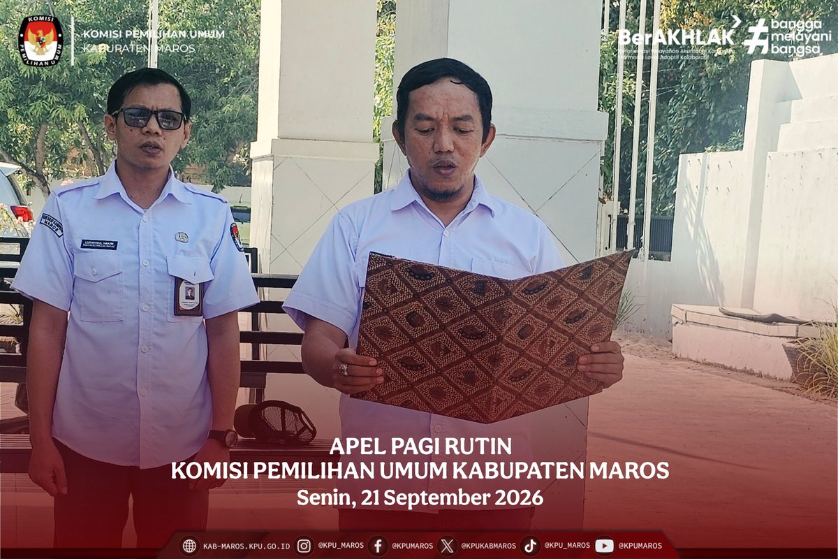 kpukabmaros's tweet photo. #TemanPemilih, KPU Maros menggelar apel pagi rutin di halaman kantor KPU Kabupaten Maros. Senun (21/9/2026).

Hadir pada kegiatan tersebut Sekretaris KPU Maros, para kasubag, pejabat fungsional, ASN lingkup KPU Kabupaten Maros dan Siswa dari SMK Tridarma Maros.

#KPUMelayani https://t.co/cJVbeNIZZT
