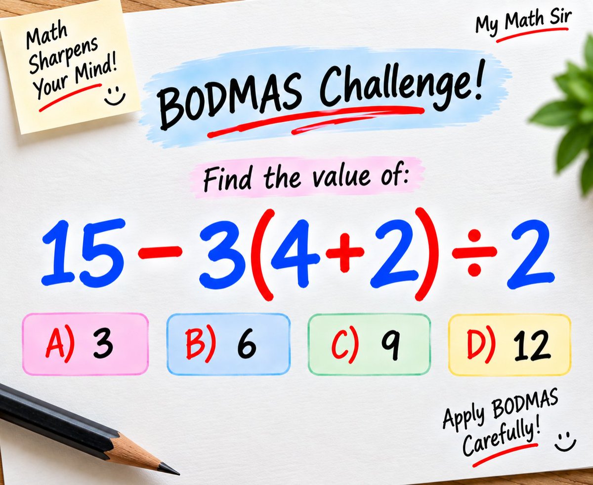 MyMathSir's tweet photo. Quick BODMAS check. 🧠

15 − 3(4 + 2) ÷ 2 = ?

What’s your answer?

#BODMAS #MathChallenge https://t.co/uTeHXRjByd