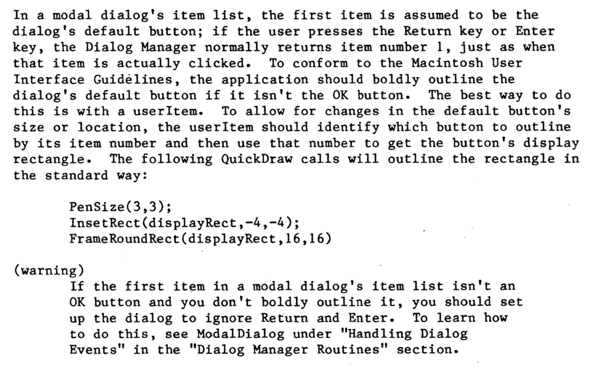 usereditable's tweet photo. I was just looking into this some more. I first used a Mac in the 90s and the double border button was always there, but not sure if it was there from the start.

Running System 1.0 on https://t.co/Igv7cBeETx there is no double border button on any dialog I could find, except for TeachText, but that is version 1.2 from 1986.

I did find this description of "default button" in Inside Macintosh Volume 1, which has various revision dates within it of 1982 and 1983, but so far I can only find an actual instance of a double border button from 1986.