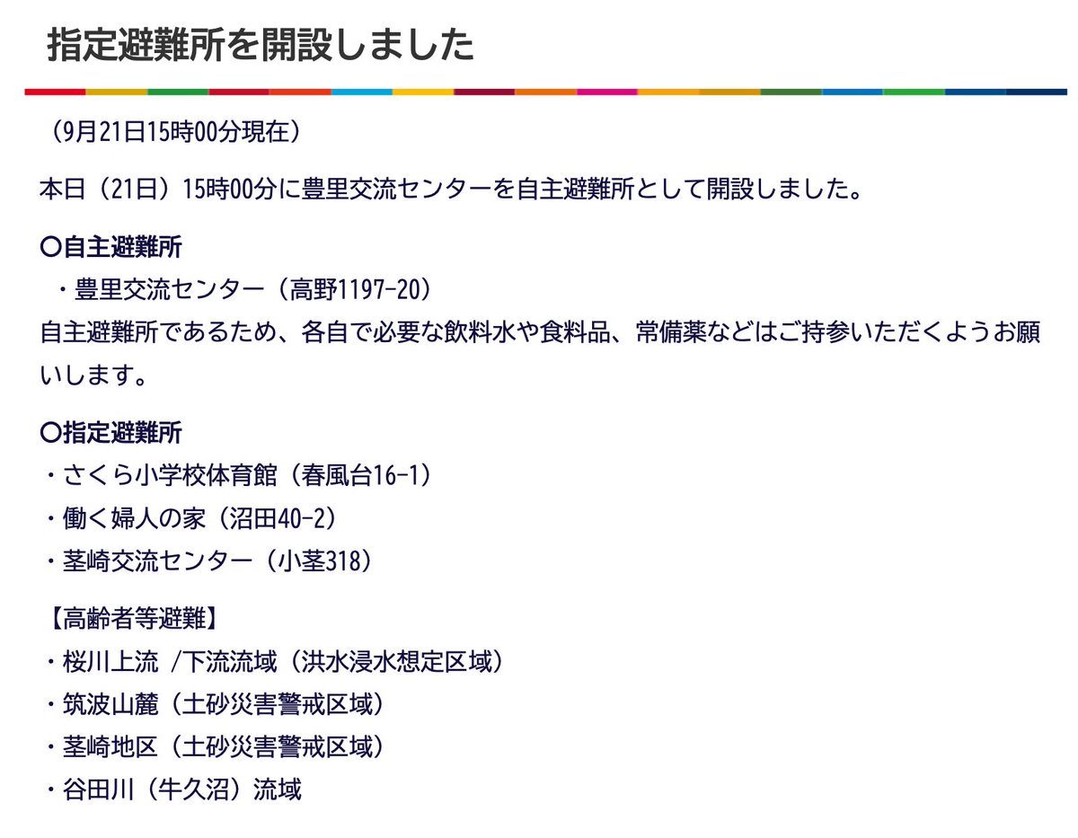 igarashitatsuo's tweet photo. 【新たに「自主避難所」を追加：本日（21日）15時00分に豊里交流センターを自主避難所として開設しました】

【自主避難所】
・豊里交流センター（高野1197-20）

小貝川の水位が上昇しており、つくば市より上流の黒子観測所（筑西市）で間もなくレベル2の水位に達する見込みです。

今後、夜のはじめにかけてまとまった降雨が見込まれており、その降雨量次第で小貝川の水位がレベル3氾濫警報相当に達する可能性が危惧されますので、15時から豊里交流センターに自主避難所を開設しました。

なお、自主避難所であるため、各自で必要な飲料水や食料品、常備薬などはご持参いただくようお願いします。 

必要に応じて早めの避難行動をお願いします。

また、桜川流域の洪水浸水想定区域には高齢者等避難を発令しており、以下の指定避難所を開設しています。
【指定避難所】
・さくら小学校体育館（春風台16-1）
・働く婦人の家（沼田40-2）
・茎崎交流センター（小茎318）

【高齢者等避難】
・桜川上流・下流流域（洪水浸水想定区域）
・筑波山麓（土砂災害警戒区域）
・茎崎地区（土砂災害警戒区域）
・谷田川（牛久沼）流域

高齢者など避難に時間がかかる方は早めに避難所など安全な場所に避難してください。
安全第一の行動を心掛け、無理な外出は控えるよう皆さまのご協力をお願いします。

🔽HP避難所情報🔽
https://t.co/H2THphXOMy 

#台風25号　＃つくば市　＃防災情報