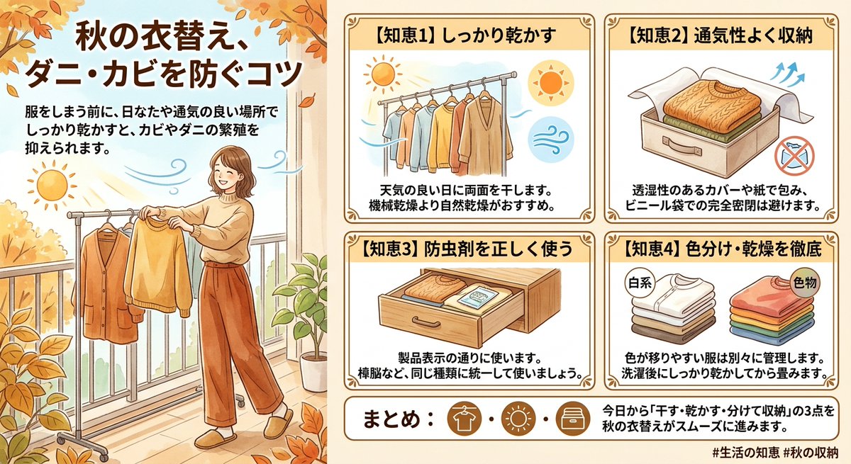 leevice02's tweet photo. 秋の衣替え、ダニ・カビを防ぐコツ

秋の衣替えの季節です。服をしまう前に、日なたや通気の良い場所でしっかり乾かすと、カビやダニの繁殖を抑えられます。湿気がこもった服は収納前に必ず乾かしてから取りかかりましょう。

【知恵1】洗濯後は天気の良い日に両面を干します。機械乾燥は熱で服を縮ませることがあります。風通しの良い場所で自然乾燥させます。

【知恵2】厚手や季節物の服はたたんで収納します。透湿性のあるカバーや紙で包み、ビニール袋での完全密閉は避けます。湿気がこもるとカビの原因になります。

【知恵3】防虫剤を製品表示の通りに使います。樟脳（しょうのう）やナフタリンなどは、同じ種類に統一して使いましょう。混ぜると効果が落ちることがあります。

【知恵4】色が移りやすい服は別々に管理します。白や淡い色の服は汗の跡が目立ちやすいので、洗濯後にしっかり乾かしてから畳みます。

注意点：湿ったまま収納するとカビが急増します。体調を崩した場合は休息し、症状が続く場合は専門家に相談してください。

まとめ：今日から「干す・乾かす・分けて収納」の3点を心がければ、秋の衣替えがスムーズに進みます。小さな習慣が服を長持ちさせます。

#生活の知恵 #秋の収納