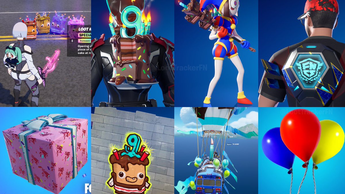 LootTrackerFN's tweet photo. FORTNITE’s 9TH BIRTHDAY UPDATE IS NOW LIVE

• Birthday Bus, Birthday Loot, Cakes, XP & Rewards 
• Free Spray available through a hidden Lobby Hack
• Birthday Presents are unvaulted
• Complete 3 Birthday Quests → Birthday Back Bling
• Complete 6 Birthday Quests → Cake Crusher Pickaxe
• Complete all 9 Birthday Quests → FNCS Back Bling

ALL BIRTHDAY QUESTS:
• Dance
• Eliminate opponents while aiming down sights (0/2)
• Throw Birthday Presents (0/3)
• Eat Birthday Cake slices at Named Locations (0/4)
• Deploy Balloons (0/5)
• Hit headshots (0/6)
• Search containers (0/7)
• Visit different Named Locations (0/8)
• Wish the Bus Driver a Happy Birthday (0/9)

MORE DETAILS:
• Birthday Sprite arrives September 26, giving you a chance to spawn Birthday Cake when opening Chests or getting eliminations. The chance increases with each level.
• Birthday Sprite variants include Gold, Cheatmaster, LootHacker & Bounty Hunter
• Tons of Named Locations have also been updated with birthday-themed decorations
• Event ends October 1 @ 2AM ET / 6AM UTC
• & plenty surprises coming throughout the week 🔥

#Fortnite