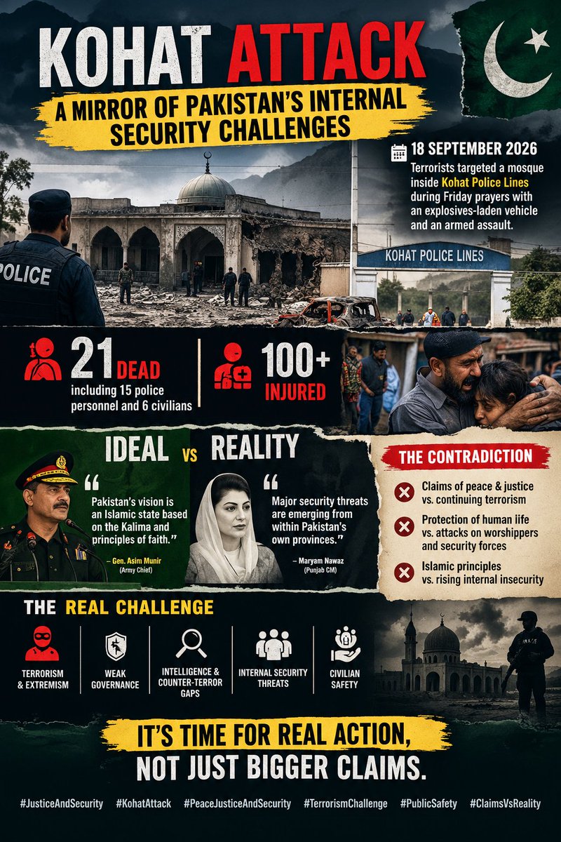 yafir136255's tweet photo. The Kohat attack highlights Pakistan’s continuing internal security challenges, affecting police, civilians and worshippers, while raising questions about preparedness, prevention, governance and accountability measures nationwide.
#KohatAttack #PeaceJusticeAndSecurity https://t.co/4hxMpmXLNi
