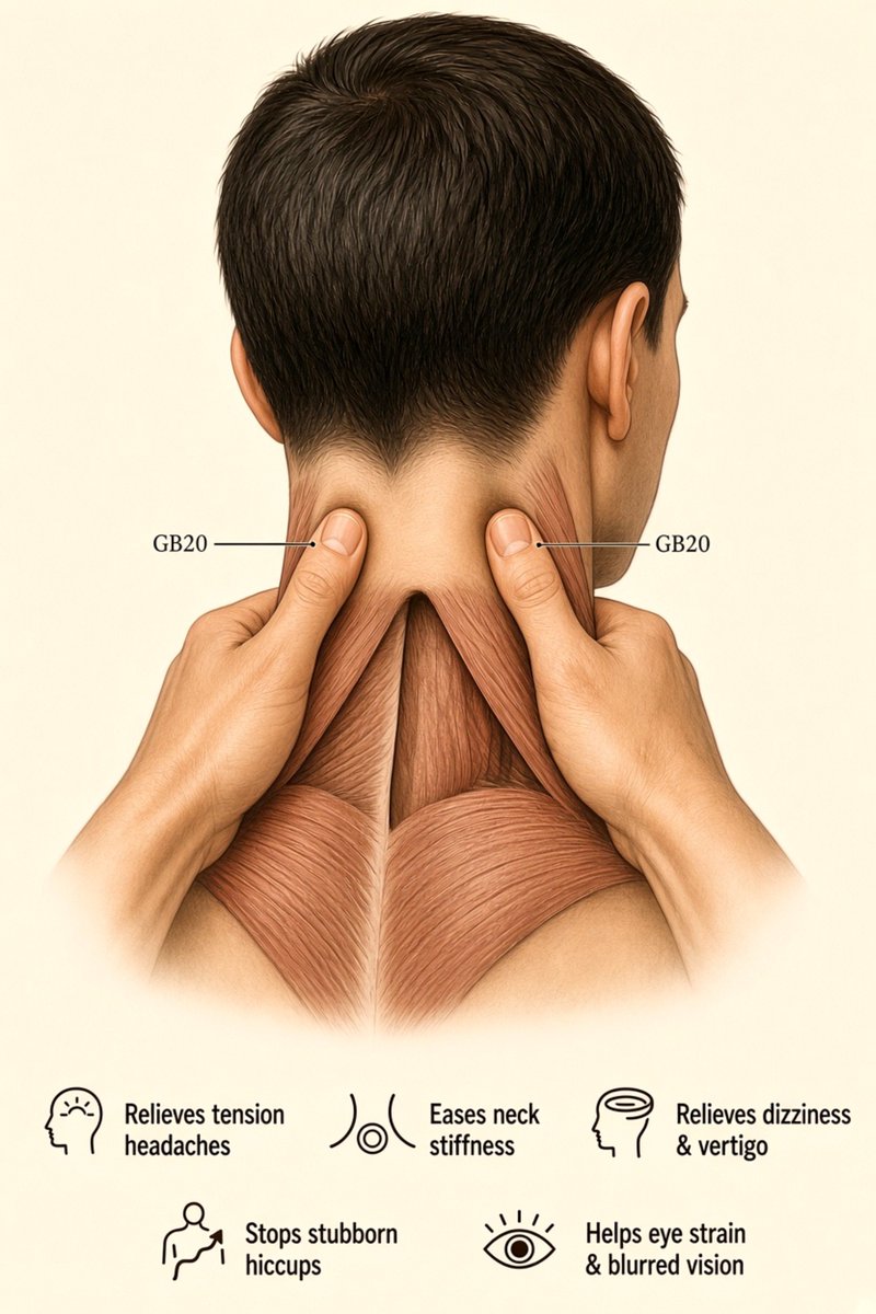 quaeriteX's tweet photo. The "Gates of Consciousness" (GB20) point sits in the hollows at the base of your skull.
Pressing both sides simultaneously with your thumbs instantly releases tension headaches and regulates the nerves that control the diaphragm to quickly halt stubborn hiccups.
#Acupressure https://t.co/9xn4bVrxax