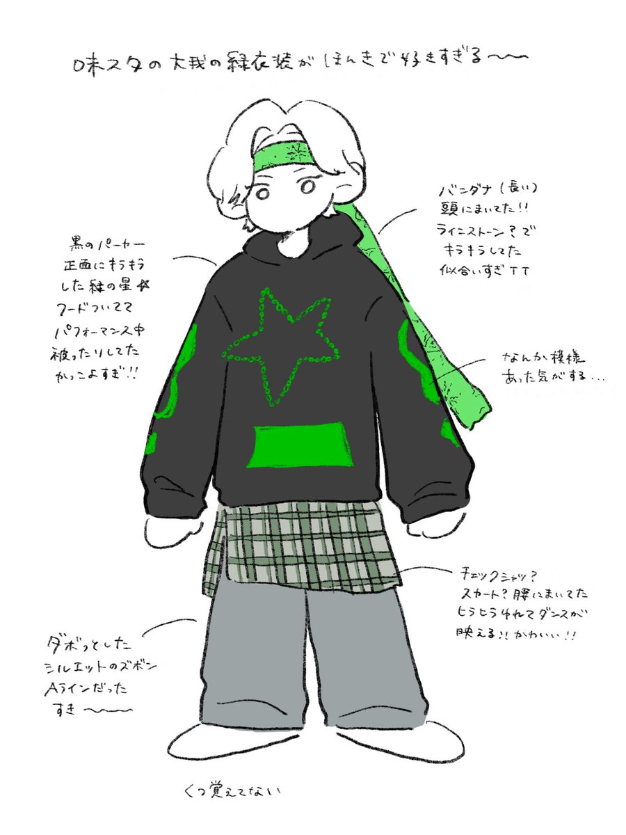 nyannkoro_e's tweet photo. 味スタ初日の夜に京本担と記憶擦り合わせながら描いた衣装レポ（※記憶曖昧）
たいがの緑衣装ほんとに大優勝すぎて頭抱えた
かわいい😭😭😭 https://t.co/Sz15TpXTaN