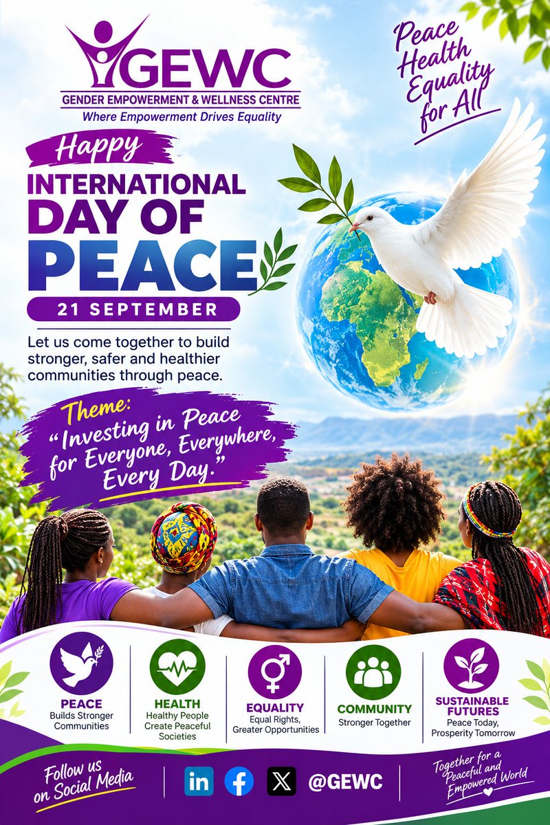 Gewckenya's tweet photo. Happy International Day of Peace!
GEWC joins the world in championing peace, equality, wellness and empowered communities.
This year’s theme: “Investing in Peace for Everyone, Everywhere, Every Day.” 💜💚
Let’s build peace together. 🤝🌍
#PeaceDay #GEWC #InvestingInPeace https://t.co/AiVaL4RWjc