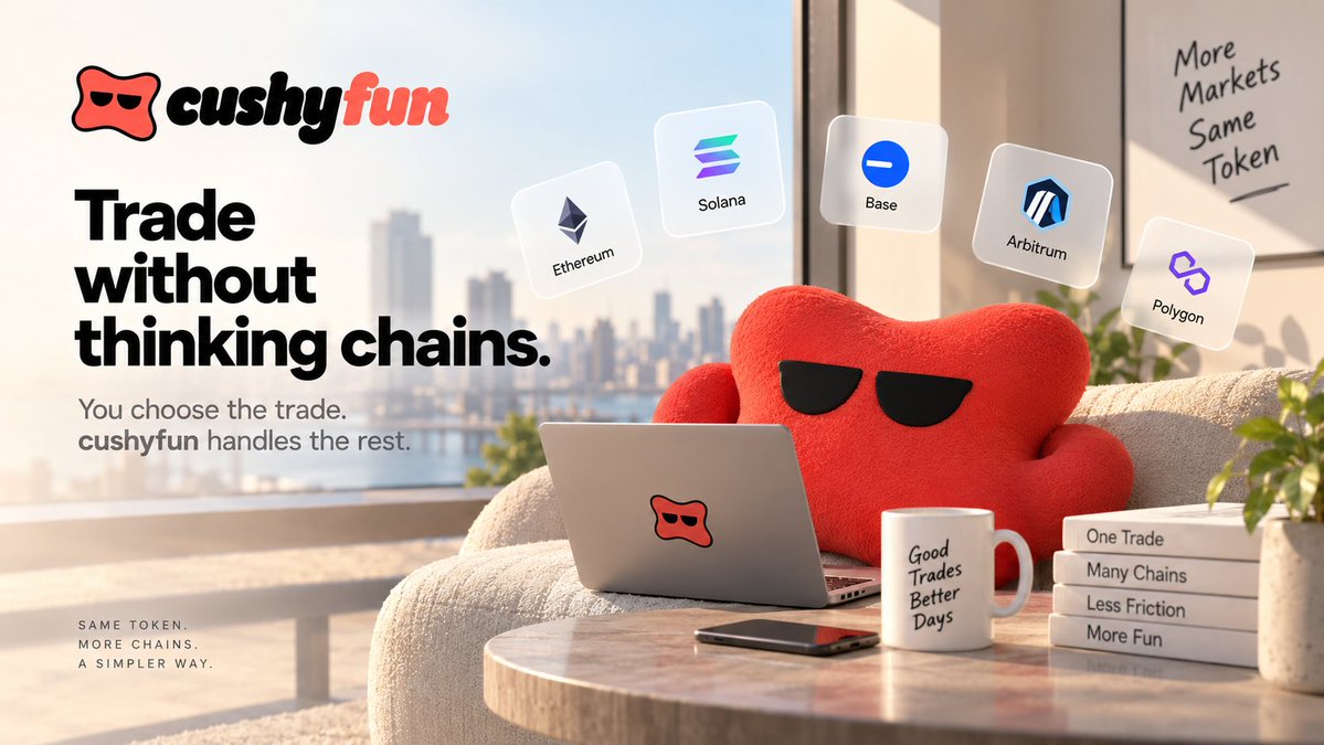 Cushyfun's tweet photo. Most multichain apps still make the user think in chains.

Which network are you on?
Where is the liquidity?
Do you have gas there?
Do you need to bridge first?

cushyfun is being built around a different idea.

The user should only need to decide what they want to trade and how much. Everything else liquidity discovery, routing, asset movement, gas, and execution should happen underneath the interface.

Chains are important infrastructure.

They just don’t need to be part of every decision.

The future of multichain trading shouldn’t feel multichain at all.