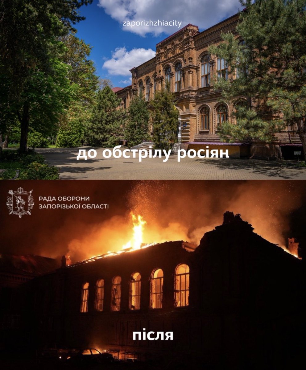maksymeristavi's tweet photo. a historic building of the Zaporizhzhia National University before great russian culture and after. Europe has not seen such barbarity in at least a millennium. https://t.co/GXujohQD1X