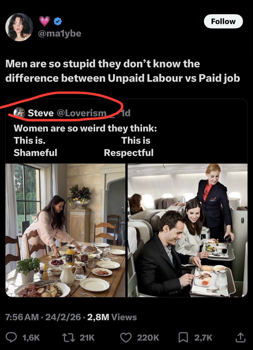 tragic_endings_'s tweet photo. “Steve” is a fake account whose entire purpose is tweeting sexist stuff to provide the set-up for these feminist engagement farming accounts to dunk on for likes

So much of this stupid gender war stuff is so completely manufactured and fake https://t.co/RmjUVdmrJJ