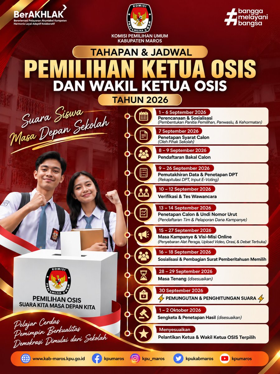 kpukabmaros's tweet photo. #Temanpemilih, Berikut Tahapan dan Jadwal Pemilihan Ketua OSIS serentak tahun 2026 tingkat Provinsi Sulawesi selatan.

#KPUMelayani https://t.co/VCs3HKSUua