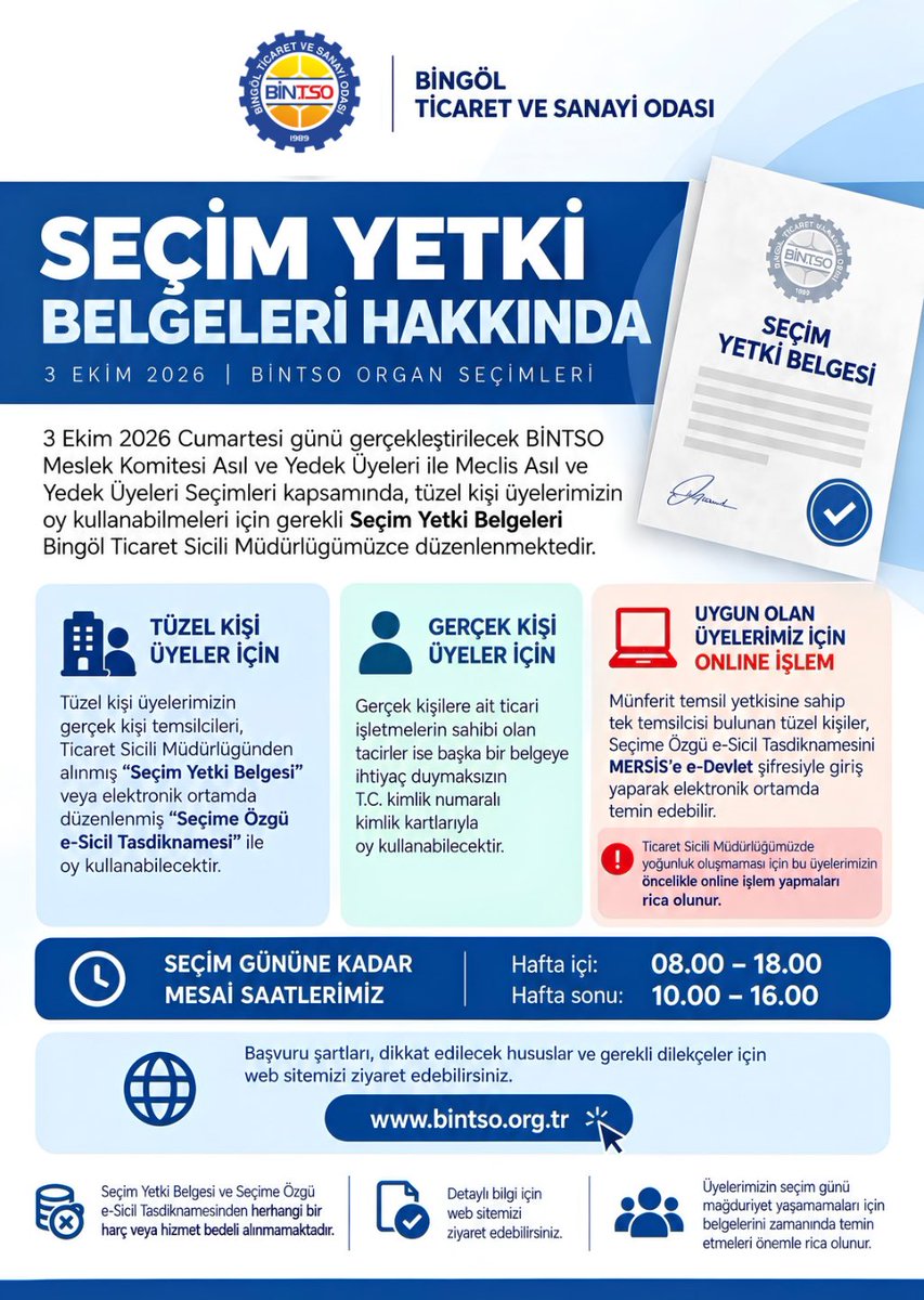 Kadir_Cintay12's tweet photo. Değerli üyelerimiz,

3 Ekim’de gerçekleştirilecek Odamız organ seçimlerinde mağduriyet yaşanmaması için Seçim Yetki Belgelerinizi son güne bırakmadan temin etmenizi rica ediyorum.

İşlemlerinizi kolaylaştırmak ve yoğunluğun önüne geçmek amacıyla seçim gününe kadar mesai saatlerimizi uzattık. Online belge alabilecek üyelerimiz ise işlemlerini MERSİS üzerinden gerçekleştirebilir.

Tüm üyelerimize kolaylıklar ve başarılar diliyorum.
