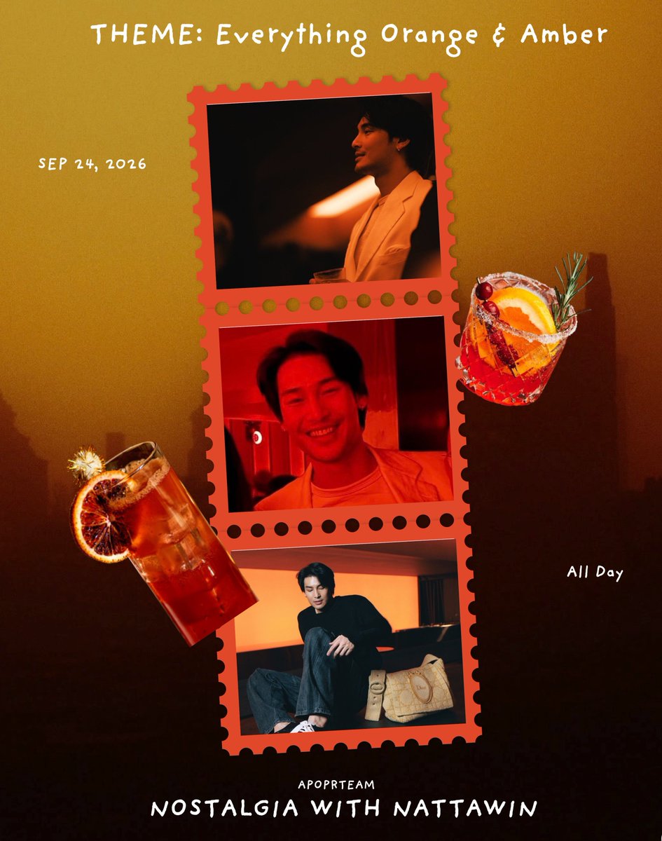 APOPRTEAM's tweet photo. September edition of 
🔑 NOSTALGIA WITH NATTAWIN

Theme - Everything Orange & Amber 🧡

Inspired by #Ambrbkk, APO's new bar, this month we’re seeing the world through shades of Orange and Amber. Share your sunrises, sunsets, lights, drinks, outfits, flowers, food or any amber-hued moment. Pair it with his photo and let’s glow together!

📆 24 AUG
⏰️ All Day
#️⃣ NostalgiaWithNattawin 

@Nnattawin1 #ApoNattawin #Apocolleagues