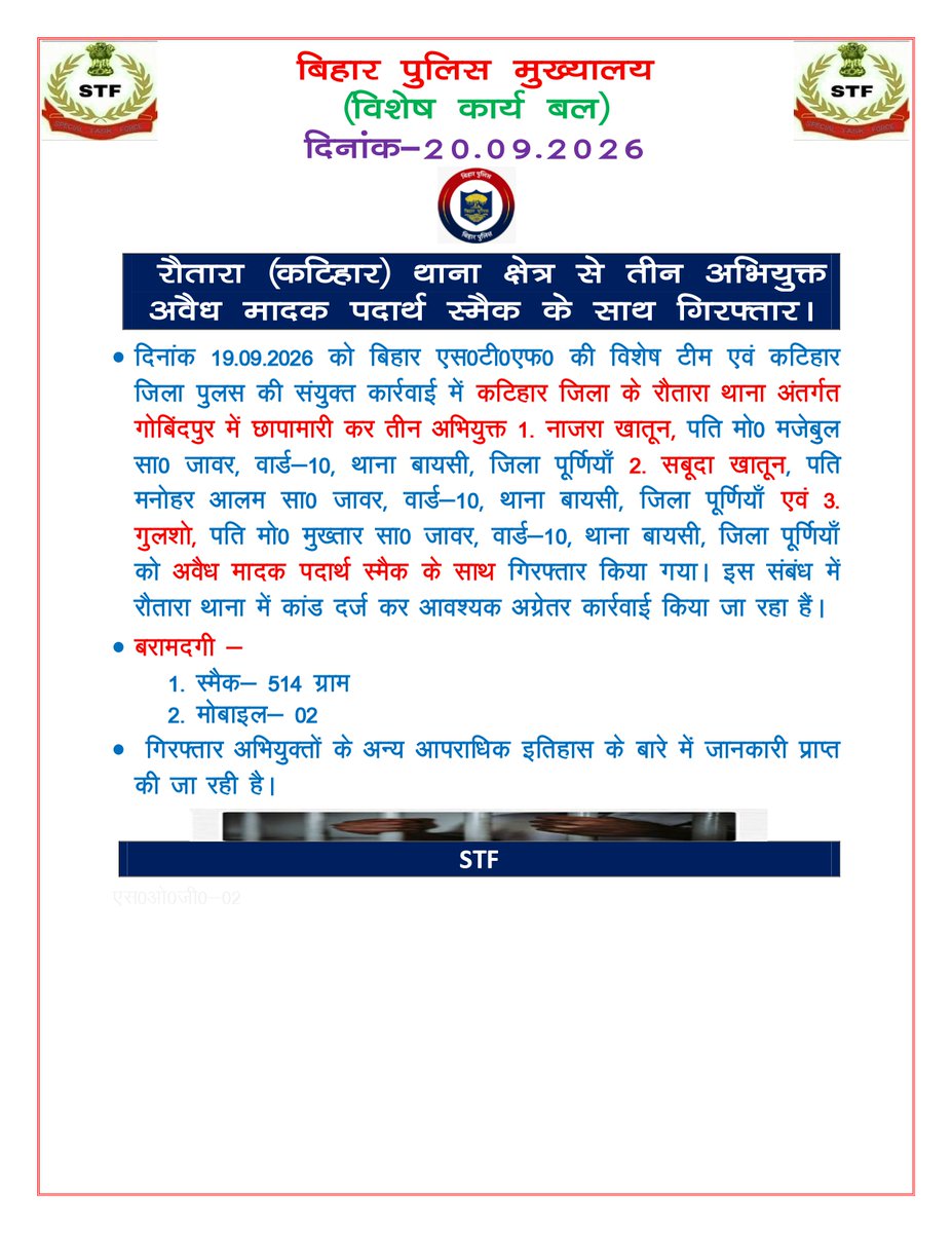 bih_task_force's tweet photo. #BiharSTF की विशेष उपलब्धि दिनांक-19.09.26 को बिहार STF कि विशेष टीम एवं कटिहार जिला पुलिस की संयुक्त कारवाई में तीन अभियुक्त 1. नाजरा खातून 2. सबूदा खातून एवं 3. गुलशो को अवैध मादक पदार्थ स्मैक के साथ गिरफ्तार किया गया I
#STFBihar  
#STFOperation 
#AccusedArrested 
#DrugsSeized https://t.co/zUyuHFqmvs