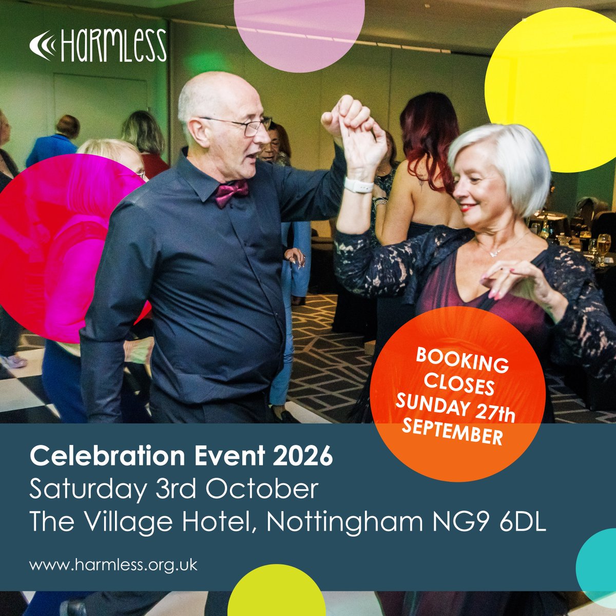 HarmlessUK's tweet photo. JUST ONE WEEK LEFT TO BOOK! 
Join Harmless for our Celebration Event 2026 on 3 Oct at The Village Hotel, Chilwell. Enjoy an evening of celebration, entertainment, food &amp; fundraising for vital support services.

Book Now! https://t.co/Kh1smXyR7e

#Harmless #Nottingham https://t.co/Qpz3wlAP77