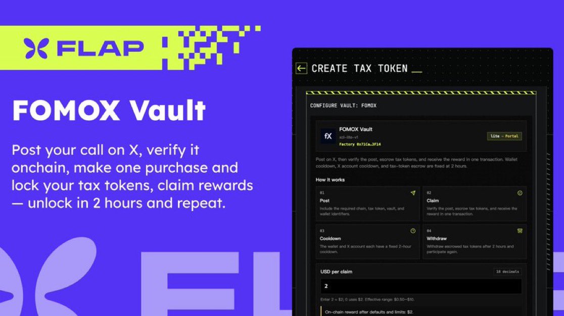 0xgodfreyy's tweet photo. Flap just dropped FOMOX Vault and I’m about to try it 🙂‍↔️

Post your call on X, verify it onchain, lock your tokens, claim rewards in BNB/USDT or 30+ assets, then unlock after 2 hours and go again.

X to Earn is now live! Keep building on https://t.co/RMr8LYNGDn https://t.co/m4HWp8dVfA
