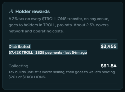 TrollionsTroll's tweet photo. A technical update:

@DEXScreener sorted itself with the overnight volume. It is now displaying the pair correctly: $TROLLIONS / $TROLL , as it fucking should.

We are a $TROLL rewards and a $TROLL paired coin. Both.

We fixed the issue with the queued tokens on @LaunchOnSF $STONK. I found an independent contact who produced an API call to their server to resolve. We can do this again if it ever gets stuck. He is also incorporating that functionality into a bot. All rewards have been distributed and are flowing correctly.

Everything looks incredible. What are you waiting for?