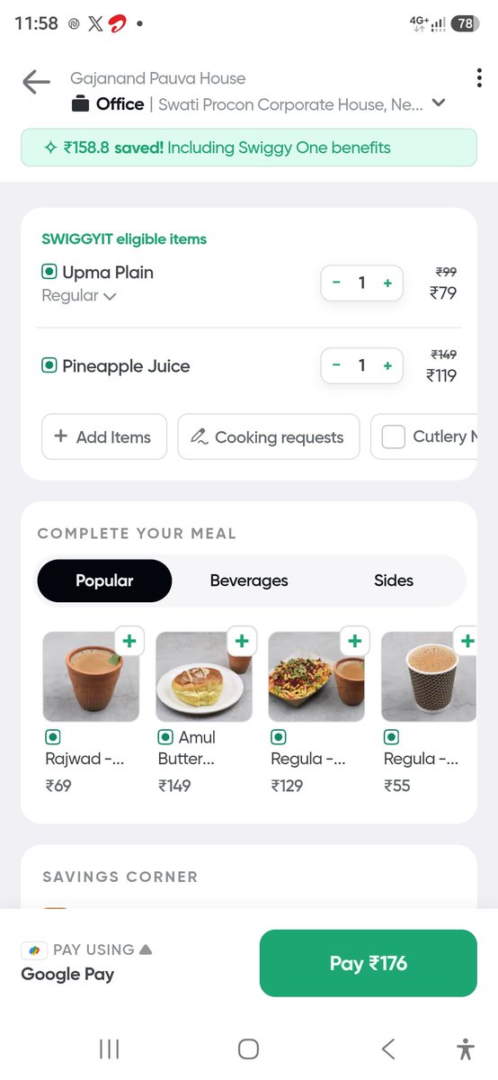 KrituRajput's tweet photo. Same restaurant, same order—but ₹176 on Swiggy and ₹299 on Zomato. That’s a ₹123 difference for the exact same items. Why such a huge price gap? Customers deserve transparent and fair pricing. Looting customers. @zomato @Swiggy https://t.co/kpM35dwxoU