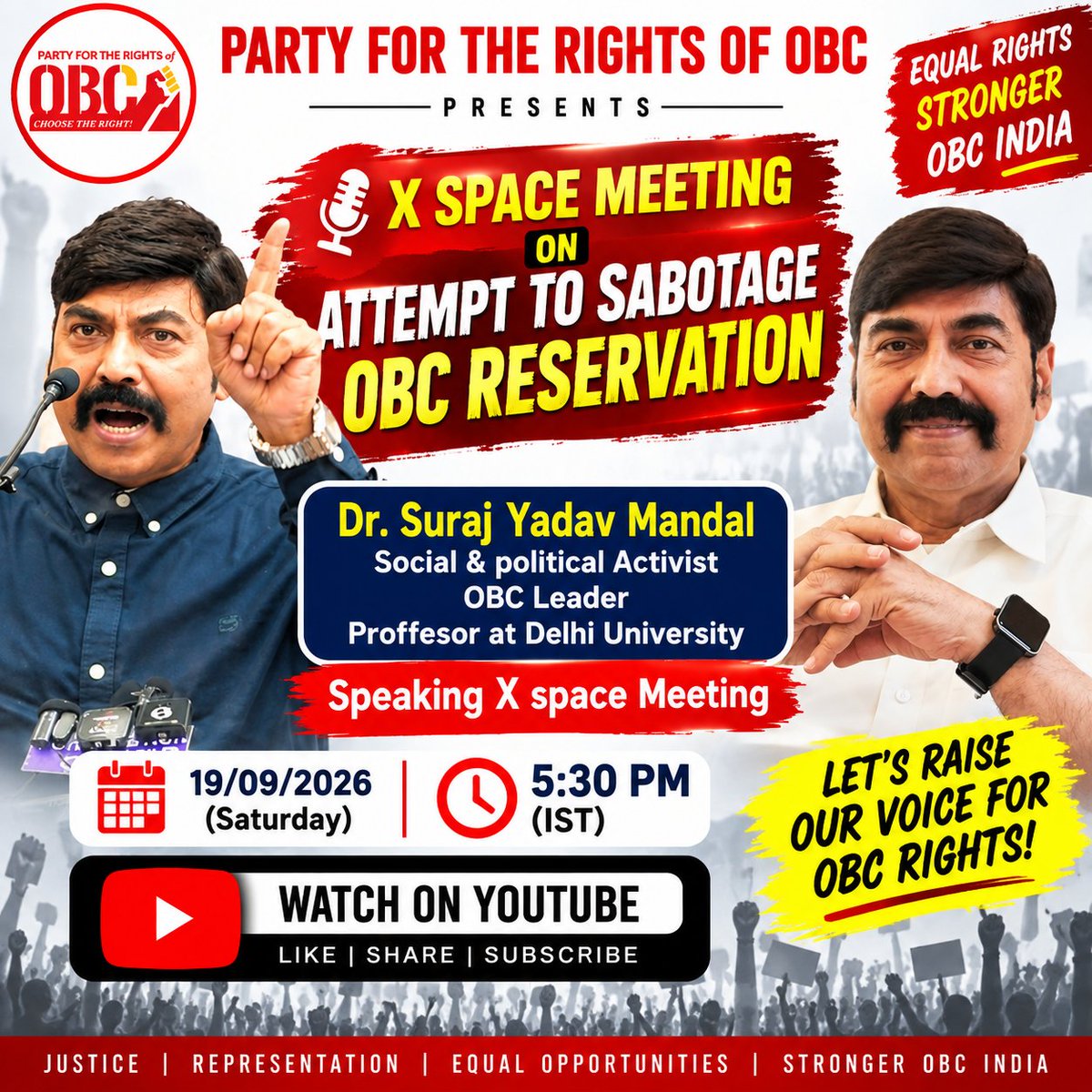 OBCRights4's tweet photo. PFROBC Presents:

🎙️ X Space: Attempt to Sabotage OBC Reservation

Link:https://t.co/QUhAR0L9IK

An important discussion on the issues surrounding OBC reservation, social justice, and the need to protect constitutional rights.

🎤 Chief Speaker:
Dr. Suraj Yadav Mandal
• Social & Political Activist
• OBC Leader
• Professor, University of Delhi

📌 Watch the complete X Space recording and listen to the discussion on the challenges facing OBC reservation.

We Stand For OBC Rights!
We Fight For OBC Rights!

#PFROBC #OBCRights #OBCReservation #SaveReservation #SocialJustice #ReservationRights #OBC #XSpace