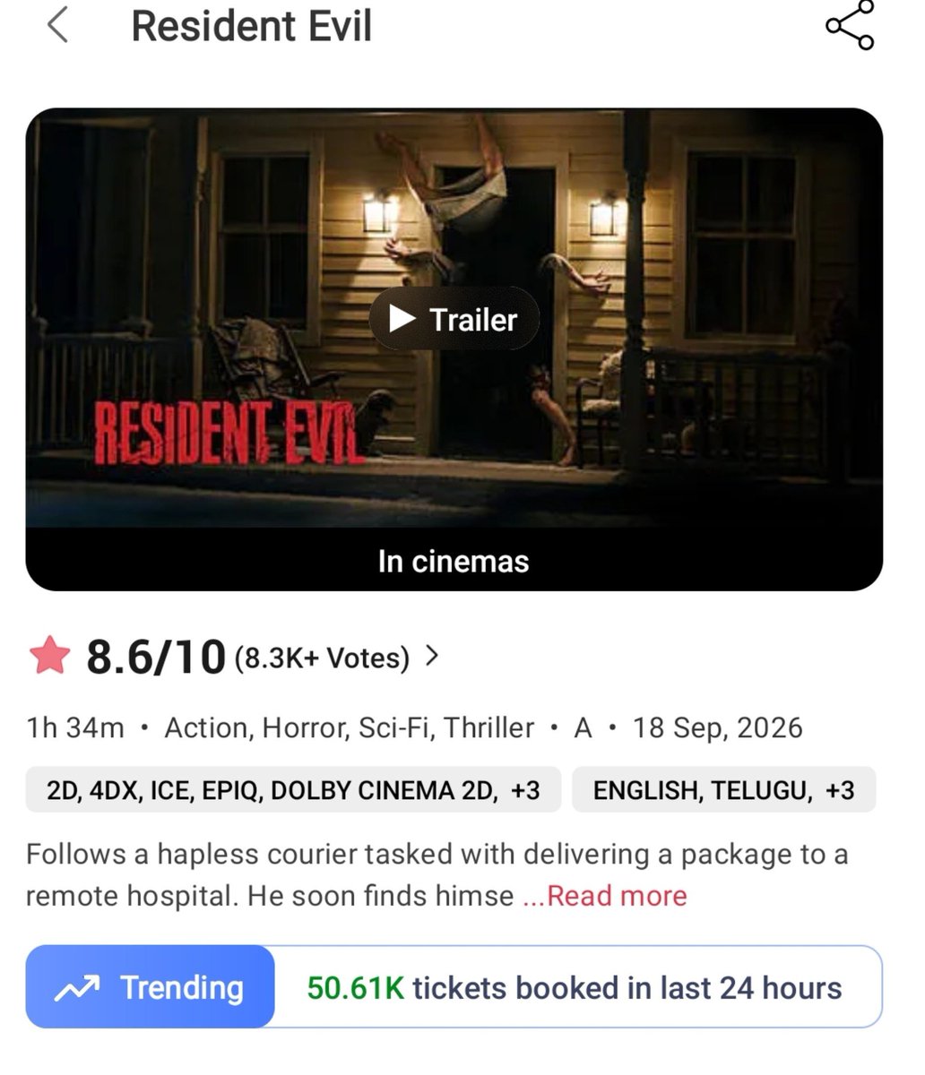 BNDBugle's tweet photo. 🧟 RESIDENT EVIL
🧟 #ResidentEvil HORROR WAVE CONTINUES! 🔥
60.99K TICKETS booked in the last 24 hours! 🎟️💥
#AustinAbrams #ZachCherry #KaliReis #PaulWalterHauser #ZachCregger #ResidentEvilMovie https://t.co/qLhyF3oZX5