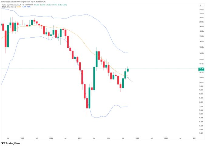 ms121188's tweet photo. ethereum:native 主导率9个月下跌后，开始出现变化。

20个月SMA已经走平，并从阻力转为支撑，同时刚打出一个更高低点。

这意味着ETH.D的长期结构可能正在筑底，如果后续继续站稳，或许是新一轮上升趋势的起点。 https://t.co/AKb3vyObRe