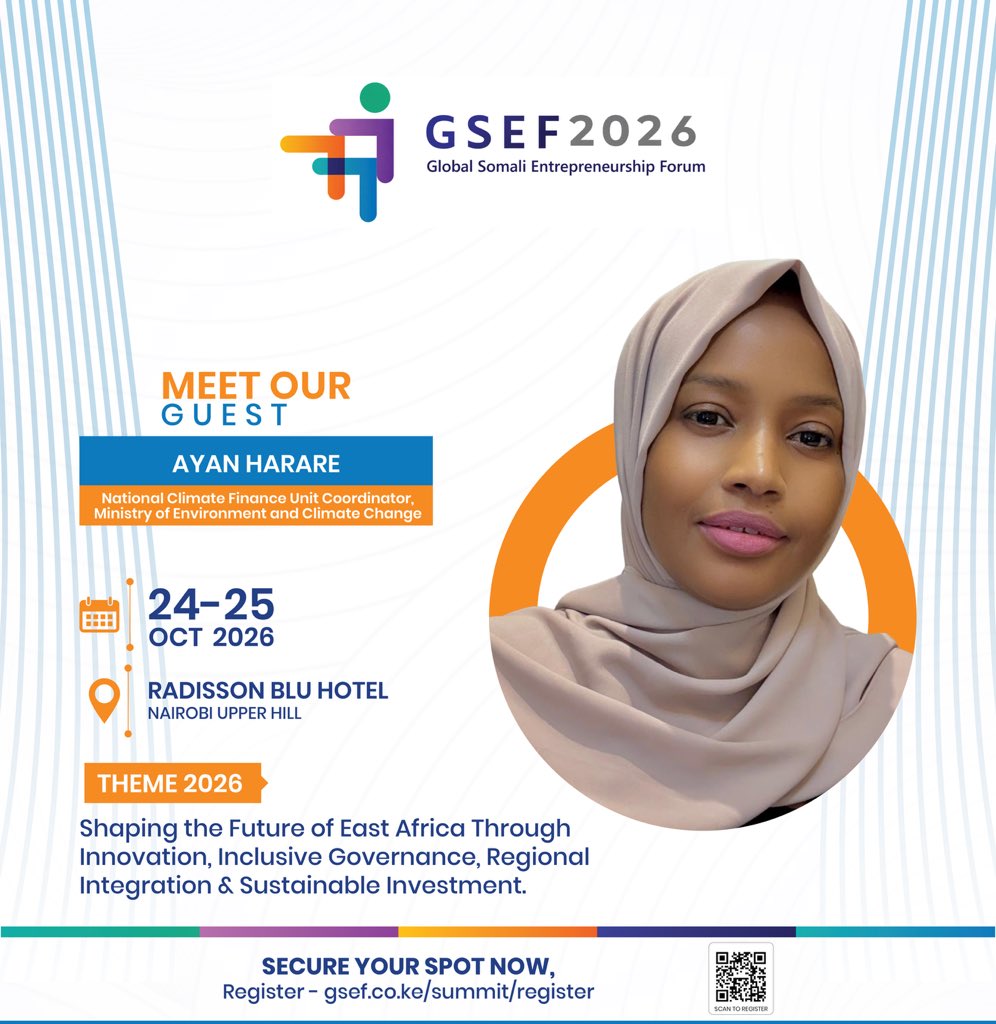 GSEFForum's tweet photo. GUEST ANNOUNCEMENT | GSEF 2026

We are delighted to welcome @Ayan Harare, National Climate Finance Unit Coordinator at Somalia’s Ministry of Environment and Climate Change, as a guest at GSEF 2026.

Ayan brings valuable expertise at the intersection of climate finance, policy and sustainable development, strengthening an important conversation on mobilising investment for a greener and more resilient Somalia.

📅 Dates: 24–25 October 2026
📍 Venue: Radisson Blu Hotel-Nairobi, Kenya🎟️ 

Register here: 👇
https://t.co/wWw55XuXjG

Welcome to GSEF 2026, Ayan! 
#GSEF2026 #ClimateFinance #Somalia #sustainableinvestment