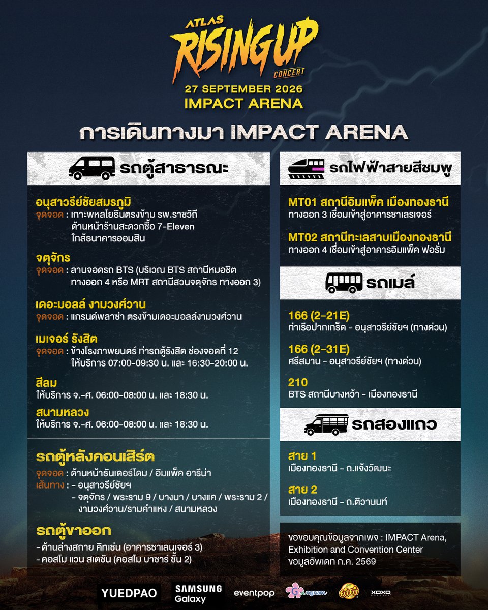 ATLASofficialTH's tweet photo. [ วิธีการเดินทาง / สถานที่จอดรถ และอัตราค่าบริการ ] 🏎️💥

ATLAS: RISING UP CONCERT ✨
LIVE AT IMPACT ARENA

🎟️ TICKET PRICES: 5,600 / 5,200 / 4,600 / 4,200 / 3,600 / 3,200 / 2,600 / 2,200 / 1,600 BAHT
💳 AVAILABLE ON EVENTPOP
🔗 : https://t.co/BdW0f0V3ZB

📌 TICKET PRICES INCLUDE VAT BUT EXCLUDE THE PAYMENT GATEWAY FEE.
➤ (ราคานี้รวม VAT แล้ว แต่ยังไม่รวมค่าธรรมเนียมการชำระเงิน)

#ATLASRisingUpConcert
#ATLASconcert2026
#ATLASth #ATLAS_th
#XOXOEntertainment