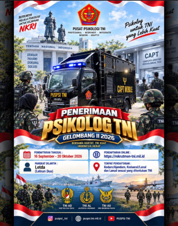 temankerjaaa's tweet photo. 🚨 RESMI DIBUKA! PENERIMAAN PSIKOLOG TNI GELOMBANG II 2026 🚨

Pusat Psikologi TNI memanggil putra-putri terbaik bangsa lulusan Psikologi untuk mengabdi bersama TNI.
📌 INFO PENTING:

🗓️ Pendaftaran Tanggal: 16 September - 20 Oktober 2026
🎖️ Pangkat Dilantik: Letda (Letnan Dua)
🌐 Pendaftaran Online: https://t.co/52Fuk9cJKo
📍 Tempat Pendaftaran: Kodam/Ajendam, Kodaeral/Lanal dan Lanud sesuai yang ditentukan TNI

Untuk kalian yang mau jadi PNS jalur Psikolog TNI, coba apply disini ya,, langsung jadi Letda guuyss...