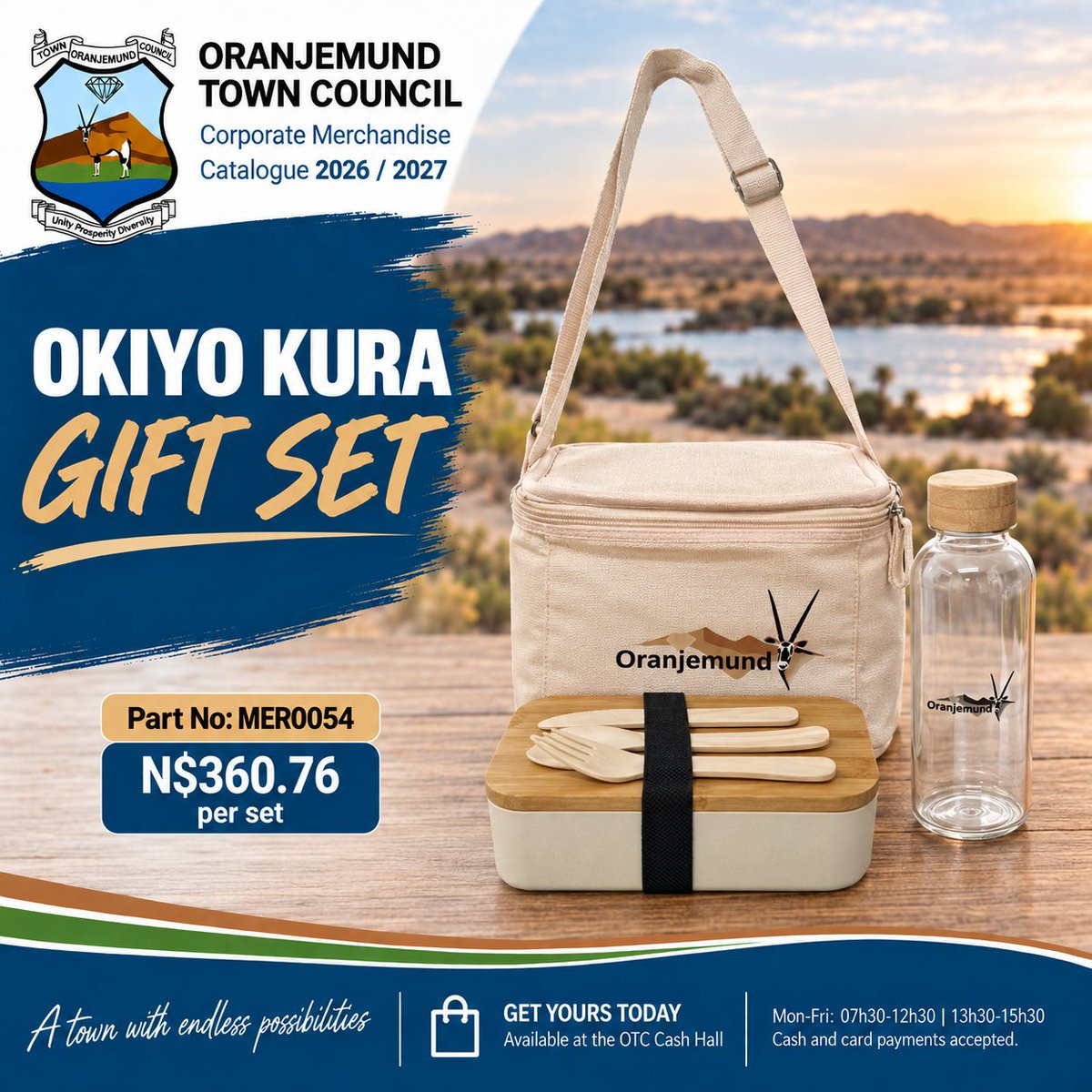 OranjemundTC's tweet photo. A beautiful gift set, perfect for showing appreciation and suitable for any occasion. Get your Oranjemund-branded 𝐎𝐤𝐢𝐲𝐨 𝐊𝐮𝐫𝐚 𝐆𝐢𝐟𝐭 𝐒𝐞𝐭 at Oranjemund Town Council while stocks last. https://t.co/1YphQB1Rcr
