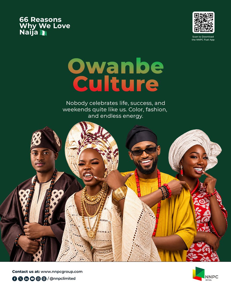 nnpclimited's tweet photo. Nobody does weekends like us.
When is your next owanbe happening?
Download the NR Fuel App by scanning the QR code or visit https://t.co/NPVnY1sp5r today.
#NNPCNaija66
#FuelTheFreedom
#EnergyForToday
#EnergyForTomorrow https://t.co/SmGPhOwsPE