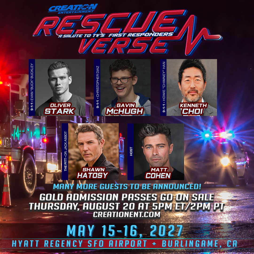 DonellaMerton's tweet photo. Photo shared by Creation Entertainment on August 19, 2026 tagging @mattcohen4real, @oliverstarkk, and @iamgavinmchugh. May be an image of poster and text that says "CREATRSI ENTERTAINME SALUTE Tα VS FIRST RESPONDER RESPON VERSE RESCUE RESCUEM h အ https://t.co/jmoXzfMb9P