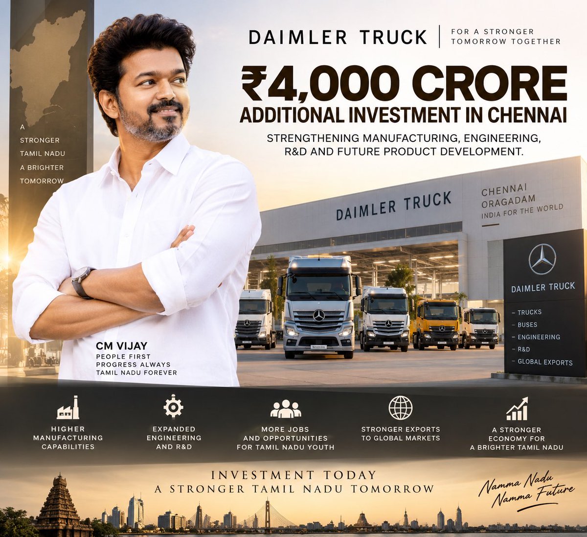 VarshaDRaman's tweet photo. ₹4,000 crore more for Chennai, and this is much bigger than just another factory investment.

Daimler Truck is investing another ₹4,000 crore to strengthen its Chennai Oragadam operations, taking its cumulative investment in India to more than ₹14,500 crore.

The investment will strengthen engineering, research and development, manufacturing and future product development. This means Chennai is not just a place where vehicles are assembled, but an important centre for developing products for India and global markets.

The scale is already significant. The Oragadam facility can produce 58,000 trucks and 2,000 buses every year. Since 2012, it has produced 2.3 lakh trucks for India and exported 75,000 trucks to more than 70 countries.

Chennai is also supplying the global Daimler Truck network with millions of components and thousands of transmissions for international operations.

This is the kind of investment led industrial growth, global manufacturing and high value research and development ecosystem that Tamil Nadu must aggressively expand.

A TVK Government should build on this momentum and make Tamil Nadu the preferred destination for global manufacturing, technology and engineering, creating not just factories but high quality jobs and opportunities for Tamil Nadu youth.

@CMOTamilnadu more power to you ♥️

#TVK #TamilNadu #Chennai #Investment #Manufacturing #Jobs