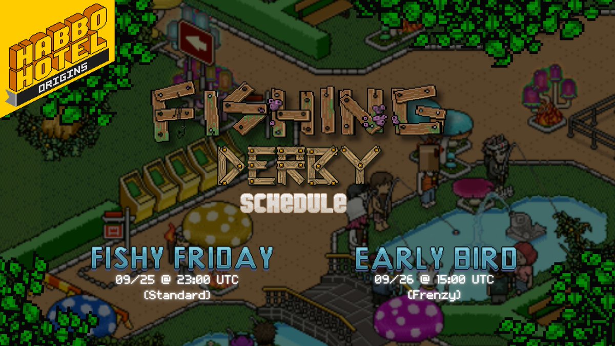 bobbarkerHabbo's tweet photo. Two Fishing Derbies are coming your way this week!
Fishy Friday
Friday, Sept. 25 23:00 UTC
Early Birdy Derby
Saturday, Sept. 26 15:00 UTC
NEW TIME
Early Birdy has moved to 15:00 UTC this week.
Rods ready, Anglers!
#HabboOrigins #FishingDerby https://t.co/lJdut3Dg8y
