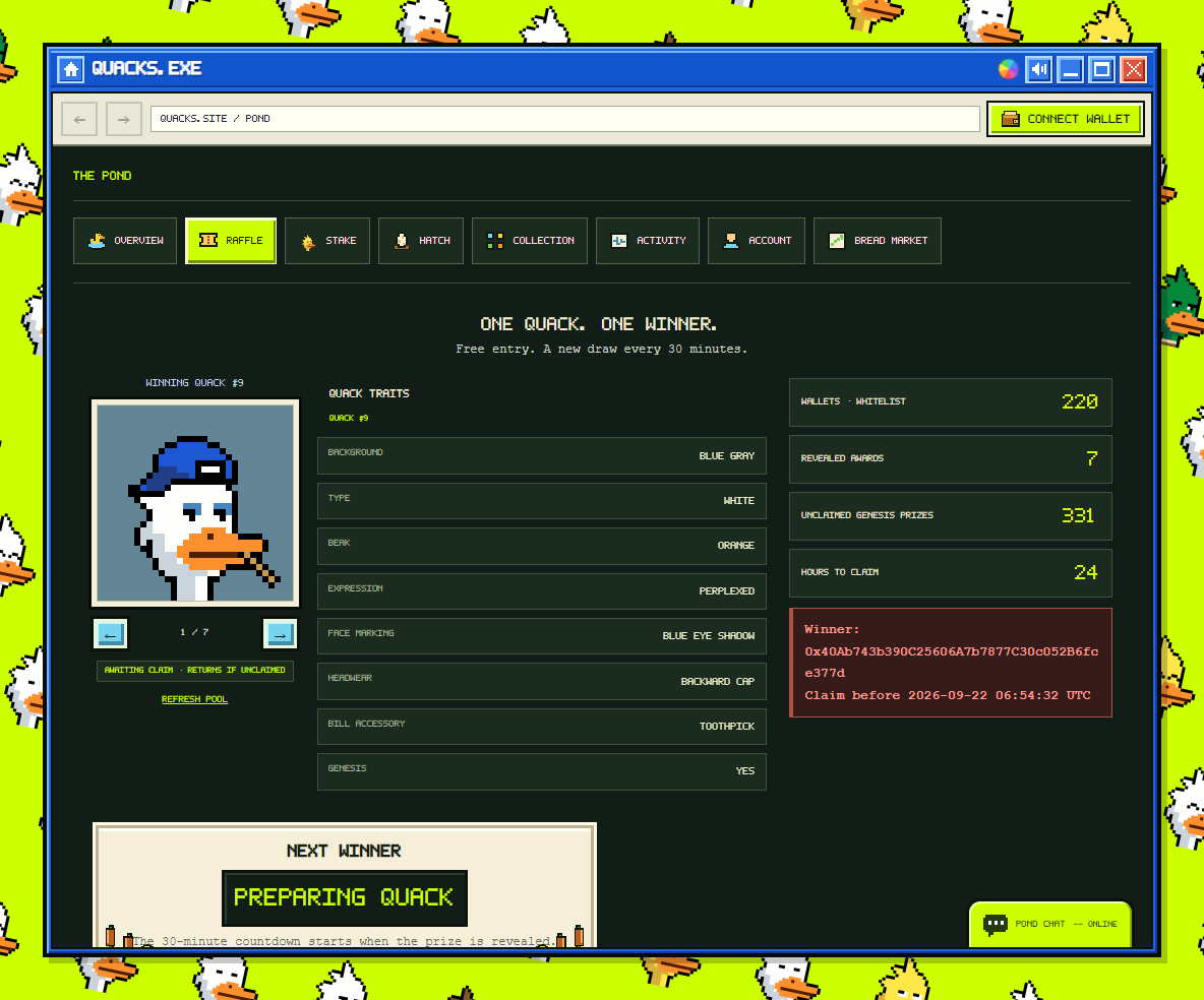 QuacksRH's tweet photo. QUACKS winner: Genesis #9
@romavalidator
0x40Ab743b390C25606A7b7877C30c052B6fce377d
Claim before 2026-09-22 06:54:32 UTC. Mint costs gas only.
https://t.co/8RWPJt3QgY https://t.co/lWpQUnHpSC