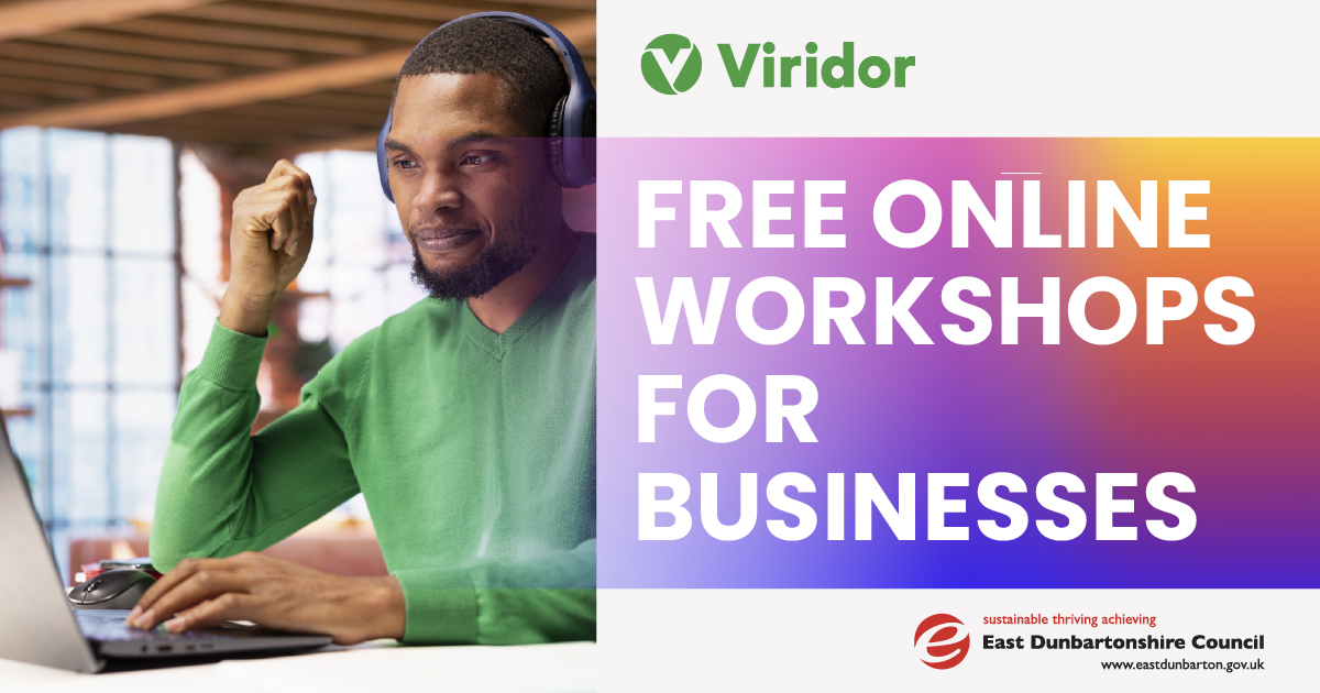 A man in a green jumper using a laptop, with text advertising free online business workshops by Viridor and the Council.