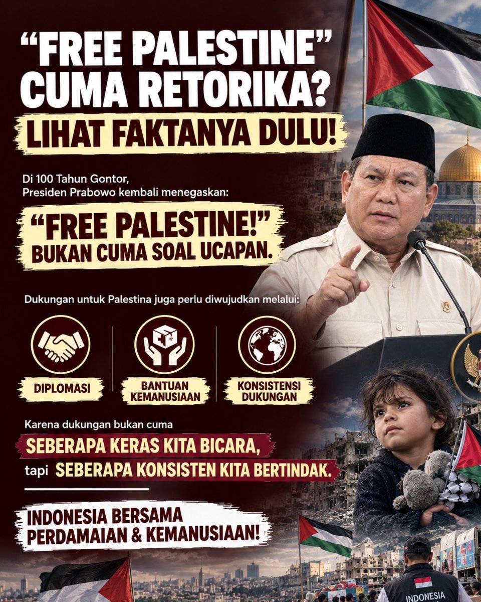 edo_suhendr's tweet photo. Dalam peringatan 100 Tahun Gontor, Presiden Prabowo kembali menegaskan bahwa seruan "Free Palestine!" bukan sekadar ucapan atau wacana di atas panggung semata. 
#JagaIndonesia #FreePalestine #DiplomasiIndonesia #BantuanKemanusiaan #PerdamaianDunia https://t.co/QbobmR2eFH