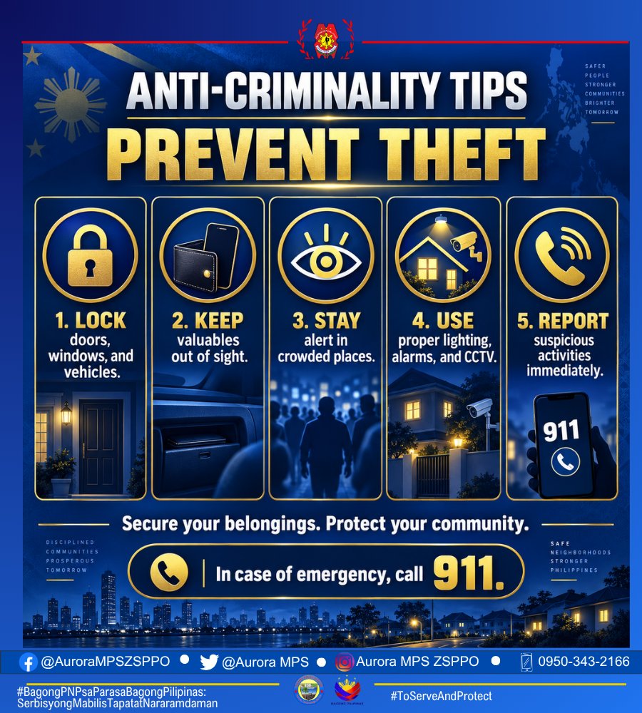 AuroraMPS's tweet photo. 🔒 PREVENT THEFT, PROTECT YOUR PROPERTY!

Always secure your doors, windows, vehicles, and personal belongings. Stay alert in crowded places, keep valuables out of sight, and use proper lighting, alarms, or CCTV whenever possible. https://t.co/FRUWG4SbTJ