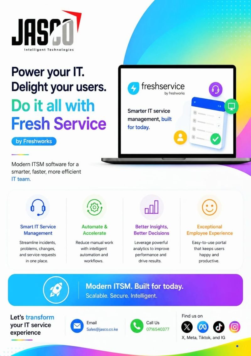 jasco_comms's tweet photo. 🚀 Transform your IT service management with Freshservice by Freshworks. From automating service requests to accelerating incident resolution, empower your IT team to deliver exceptional employee experiences.

Let's talk.
📧 Sales@jasco.co.ke https://t.co/0lAHeB5jaL