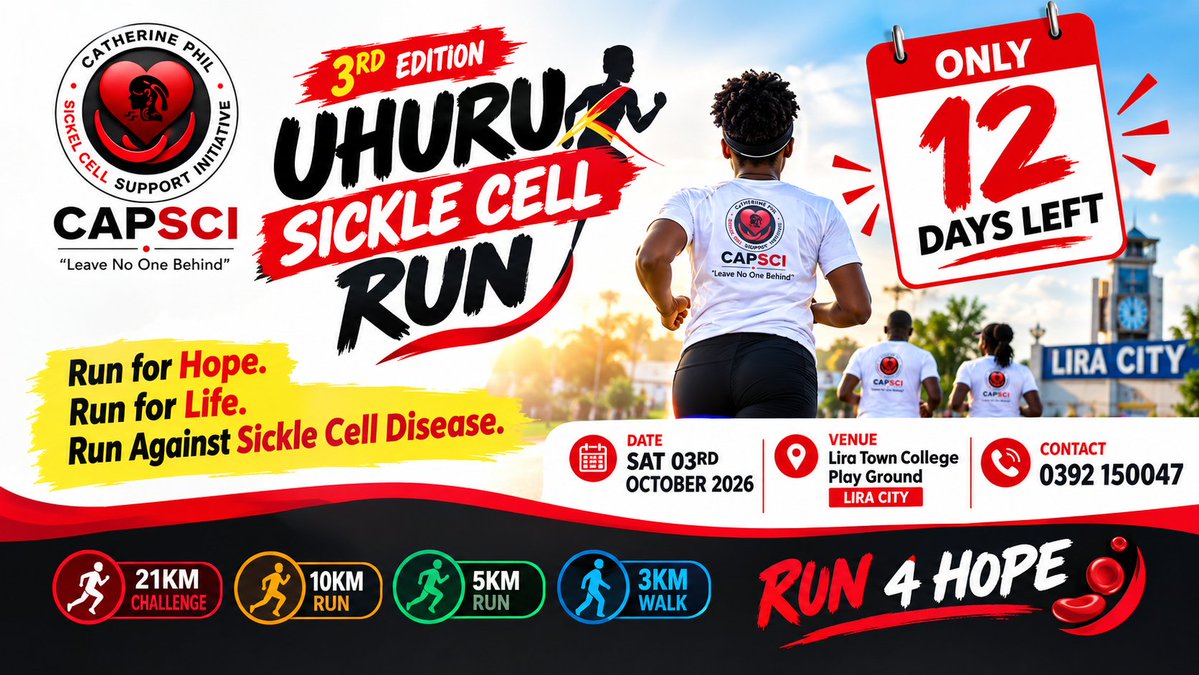 UgandaSickle's tweet photo. Northern Uganda | Lira City 

Lace Up Your Shoes...
3rd Annual Uhuru Sickle Cell Run 2026 is slated for 03rd.October.2026 in Lira City. 
Secure your Kit today, 
Run for Life. Run for Life. Run Against Sickle Cell Disease. 

0392150047
https://t.co/Srf88RXKzc | info@capsci-uganda.org 

@ActivateUgandaL 
@teammatooke @BOU_Official @AKARUNCLUB @kcbbankug @UNOC_UG @Microhaem  @UgaAthletics2 @RwenzoriMarathn @cgl_uganda @DeiBioPharma @stanbicug @MildmayResearch @DianaAtwine @BwindiHospital @JinjaRRH @RaremarkFdn @victoria_sibiya @DailyMonitor @jcrc_official1 @ACNMmidwives @andykristian @olaro_charles @qcil_uganda2 @MinofHealthUG @977unityfm @Patricia_Aceng @LUPHSAlirauni @Towncollege @WordPressLira @EddyOlwa @LiraSqoop @kofihuganda @VioletLobelia