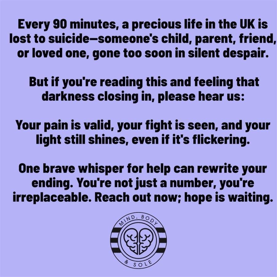 MindBodySoleUK's tweet photo. One brave whisper for help can change your path. You aren't a statistic — you're unique. Don't wait; hope is closer than it seems. #YouMatter #ReachOut https://t.co/P94teVhQOW