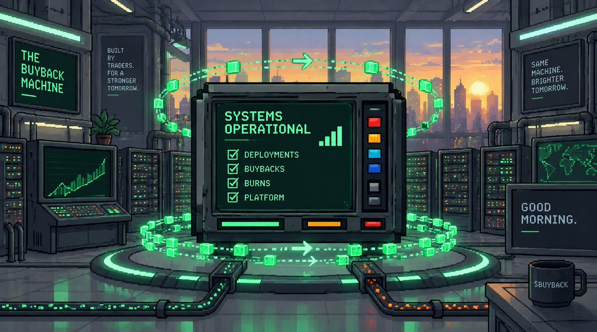 buyback_machine's tweet photo. Good morning from The Buyback Machine. ⚙️

Since launch, the system has continued to operate as designed. Deployments are running smoothly, the technology is doing its job, and the underlying processes continue to execute without interruption.

It’s still early, but we’re encouraged by what we’re seeing so far and appreciate everyone who has already taken the time to use the platform and share feedback.

We’ll continue monitoring, refining, and building as activity grows.

The technology is working. The system is running. The machine keeps moving. ⚙️ $BUYBACK