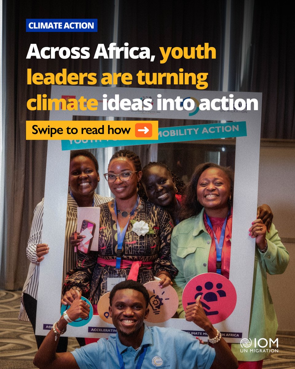 UNmigration's tweet photo. Across Africa, young leaders are turning climate mobility ideas into action. 💚

One year after completing an IOM programme, they are helping communities respond to climate change and displacement. https://t.co/FltT9d31gn