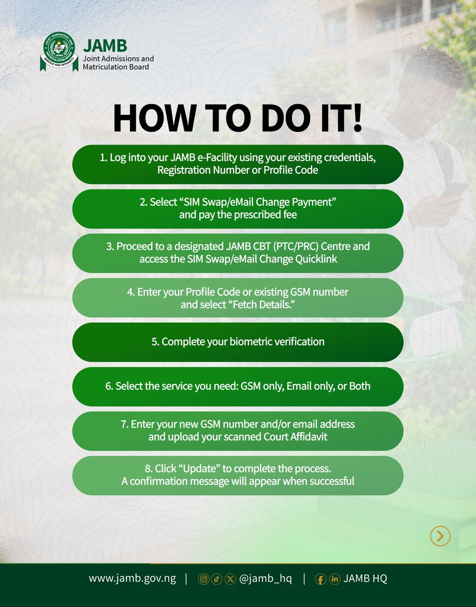 jamb_hq's tweet photo. Lost access to your registered SIM or email? JAMB has reviewed its policy to allow candidates with genuine cases to update their GSM number and/or email address through a secure and controlled process.

The service commenced on 21 September 2026 and is available only at designated JAMB CBT (PTC/PRC) Centres, including State Offices where applicable.

In this post, we break down who can use the service, what you need and the steps to follow.

📌 Please note: The service can be accessed only once and is subject to strict identity and biometric verification.

For your security, use only designated JAMB centres and avoid unauthorised persons or channels.

#JCARE #JAMBUpdates #SIMSwap #EmailChange #TheTrustWeHold
