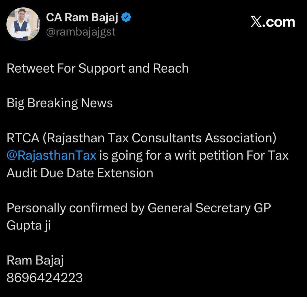 rambajajgst's tweet photo. Retweet For Support and Reach 

WRIT For Tax Audit Due Date Extension has been filed by Rajasthan Tax Consultants Association in Rajasthan High Court on saturday, will be heard tomorrow or day after.

#ExtendTaxAuditDate 

Ram Bajaj
8696424223

For Regular GST Updates, Join this Group
https://t.co/TomhZ4lVGf
