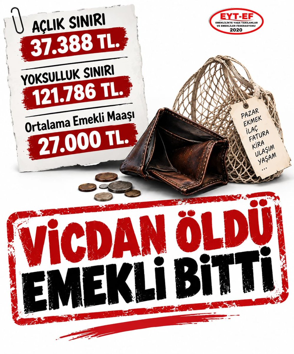 ArzuLastikci's tweet photo. EMEKLİ
👇
#VicdanöldüEmekliBitti

Emekli her gün biraz daha eksiliyor.
Sofrasından, sağlığından
hayallerinden vazgeçmeye zorlanıyor.

Bir ömrün emeğine sefalet dayatılıyor.

Vicdan nerede?
Adalet nerede?

Vicdan öldü, #Emekli bitti !

#5000KısmiyeElVicdan
@RTErdogan
@isikhanvedat https://t.co/y6UjObZ2Vy
