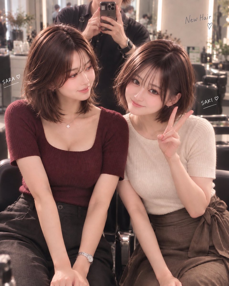 sara_saki_jp's tweet photo. 付き添いだった人まで変わりました😂

紗季🩵「結構切ったね」
紗良💜「いや、そっちも変わってるけど？😂」

見慣れるまでちょっとかかりそう。

#AI美女 #AIart #AI写真 #日常 https://t.co/gfLa94wcbx
