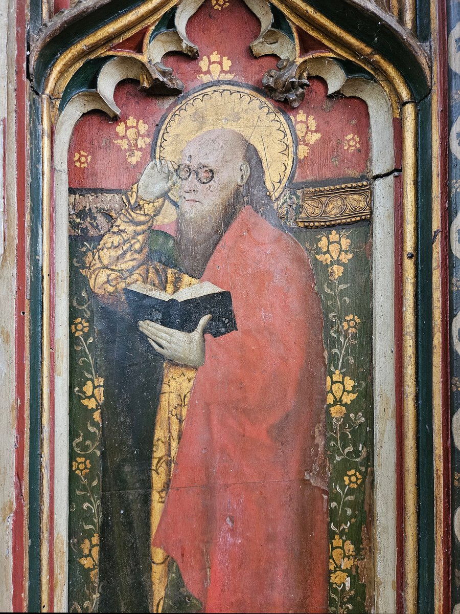 TheSimonKnott's tweet photo. Today's the feast of St Matthew, apostle mentioned in three of the canonical gospels and by tradition author of the first of them. Here he is at Cawston, Norfolk on the 1480s rood screen, glasses and baldness suggesting wisdom, a man conversant with Jewish Law as befits his bridging role between Old and New Testaments.