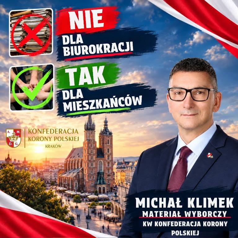 michalklimekkkp's tweet photo. Zapraszam do odwiedzenia mojej strony internetowej, na której możecie Państwo zapoznać się z całym moim programem: https://t.co/5hyNyqSEOc

Zachęcam również do wsparcia mojej kampanii: https://t.co/UinuOXsuZv

#Klimek #Braun #Wybory #Kraków #Krakow #WolnośćDlaKrakowa #OdzyskajmyNiepodległość #KKP #korona #konfederacja

[Materiał wyborczy Komitetu Wyborczego Konfederacja Korony Polskiej]