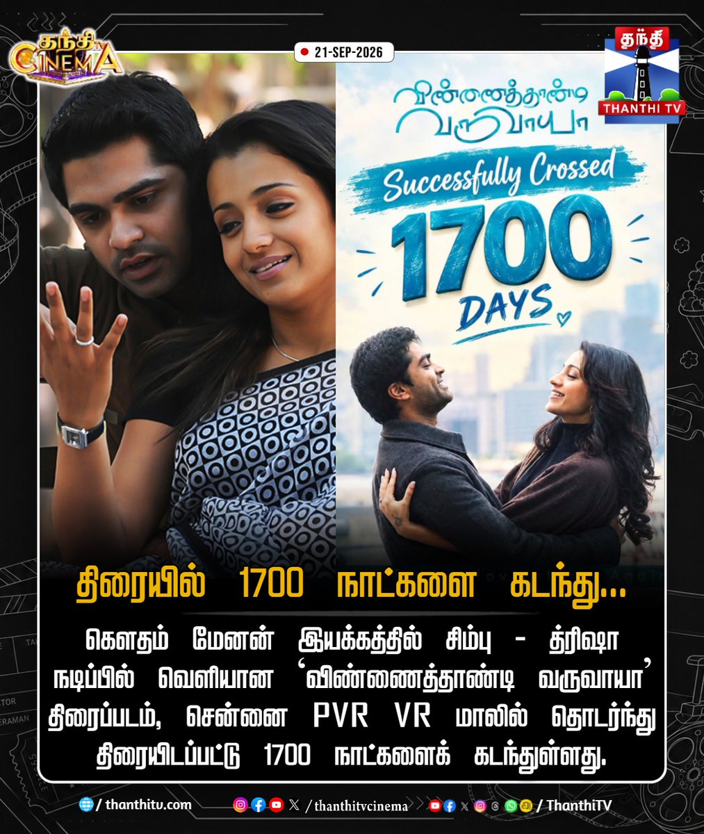 ThanthiTV's tweet photo. ‘விண்ணைத்தாண்டி வருவாயா’ திரைப்படம், சென்னை PVR VR மாலில் தொடர்ந்து திரையிடப்பட்டு 1700 நாட்களைக் கடந்துள்ளது.
#VinnaithaandiVaruvaayaa #STRSimbu #Trisha #ChennaiVRMall #thanthitvcinema #thanthitv #தந்திடிவிடிஜிட்டல் https://t.co/7les4uaED1