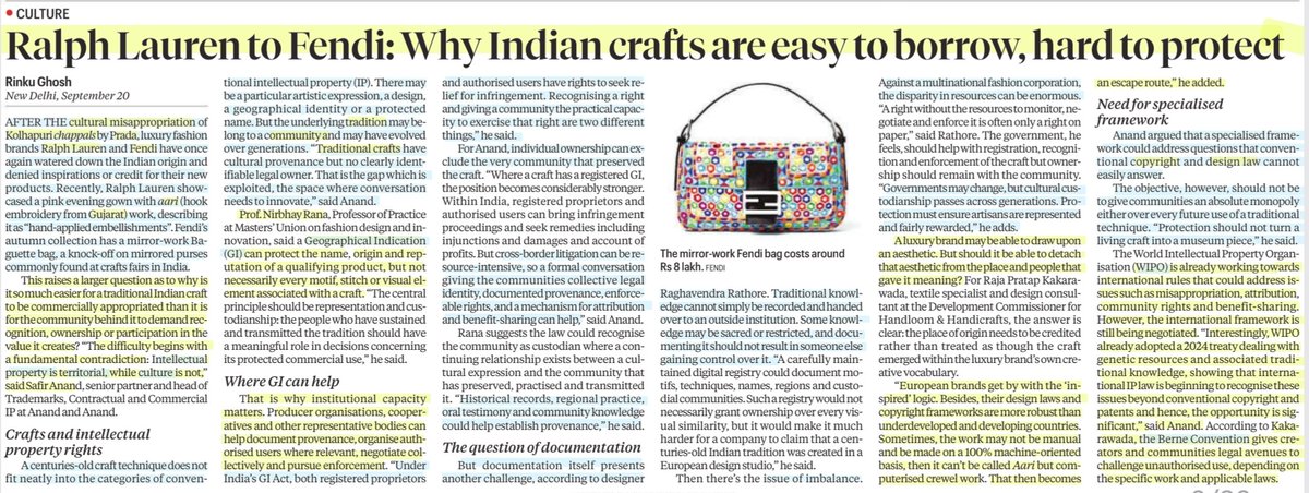 imRavikantYadav's tweet photo. Ralph Lauren to Fendi: Why Indian crafts are easy to borrow, hard to protect
:An informative article by Ms Rinku Ghosh
#IndianCrafts #Tradition #Culture #Community #TraditionalCrafts
#IntellectualProperty #GeographicalIndication
#Copyright #Design
#Fendi #Aari
#UPSC
Source:IE https://t.co/W4s9xl4YNJ